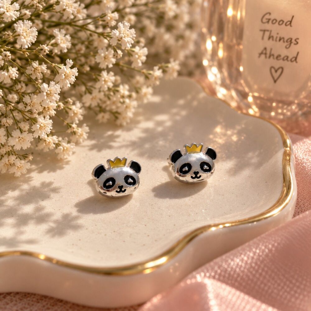Mini Panda Crown Stud Earrings Silver Tone Cute Kawaii Animal Jewelry Gift